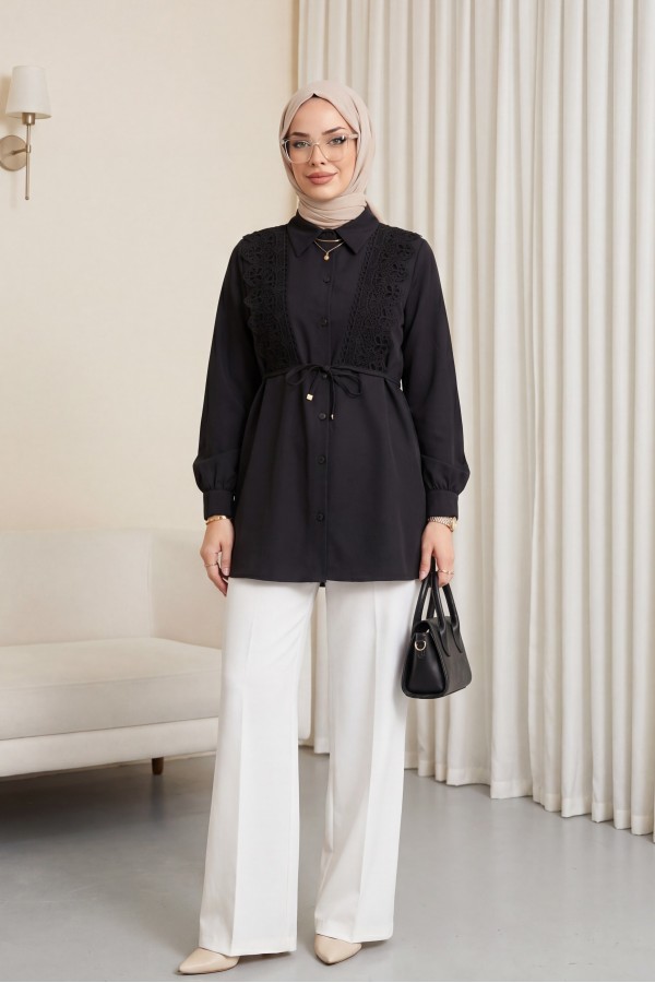 Buttoned Poplin Shirt with Lace Tie Detail at the Front -Black