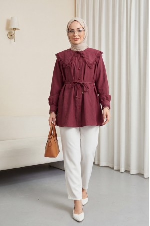 Bebe Yaka Fistolu Beli Bağcıklı Modal Tunik   -Bordo