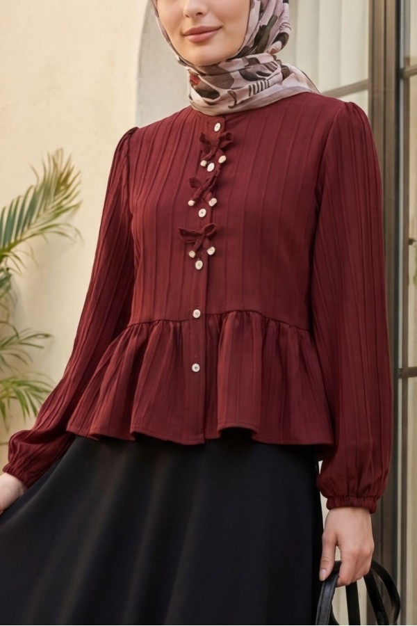 Buttoned Blouse with Elastic Sleeves and Bow Detail on the Front   -Maroon
