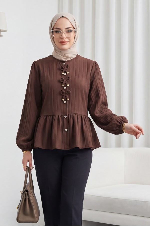 Buttoned Blouse with Elastic Sleeves and Bow Detail on the Front   -Brown