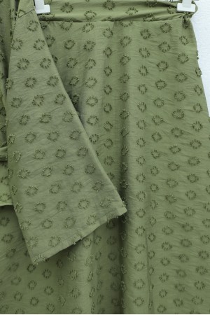Single Button Embossed Embroidered Tie-Up Voile Crepe Set -Khaki