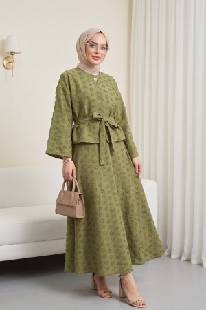 Single Button Embossed Embroidered Tie-Up Voile Crepe Set -Khaki