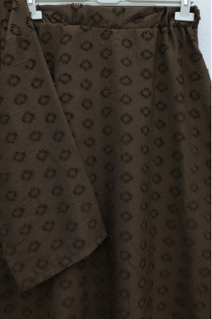 Single Button Embossed Embroidered Tie-Up Voile Crepe Set -Brown