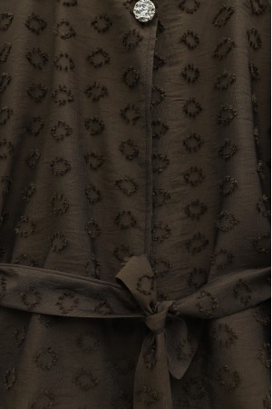 Single Button Embossed Embroidered Tie-Up Voile Crepe Set -Brown