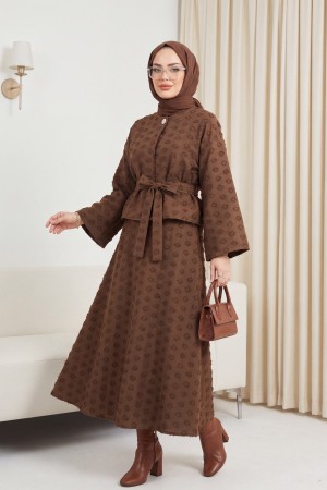 Single Button Embossed Embroidered Tie-Up Voile Crepe Set -Brown