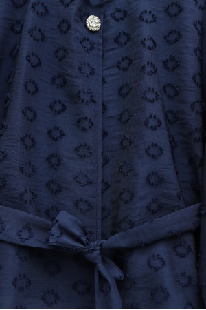 Single Button Embossed Embroidered Tie-Up Voile Crepe Set -Navy blue