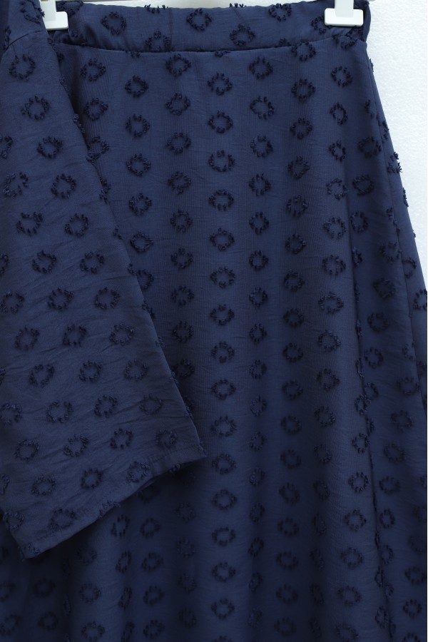 Single Button Embossed Embroidered Tie-Up Voile Crepe Set -Navy blue