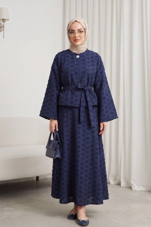Single Button Embossed Embroidered Tie-Up Voile Crepe Set -Navy blue