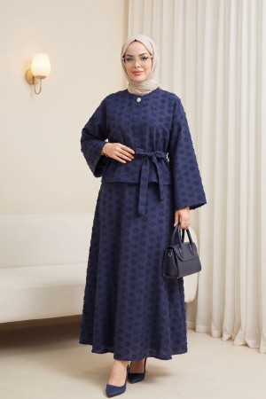 Single Button Embossed Embroidered Tie-Up Voile Crepe Set -Navy blue