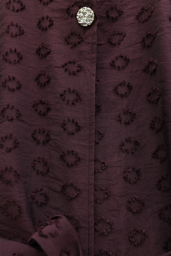 Single Button Embossed Embroidered Tie-Up Voile Crepe Set -Damson