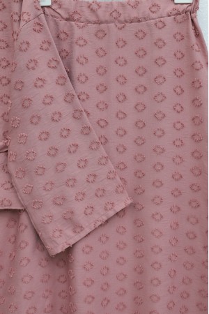 Single Button Embossed Embroidered Tie-Up Voile Crepe Set -Pink