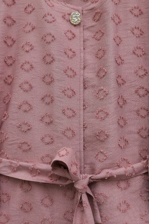 Single Button Embossed Embroidered Tie-Up Voile Crepe Set -Pink