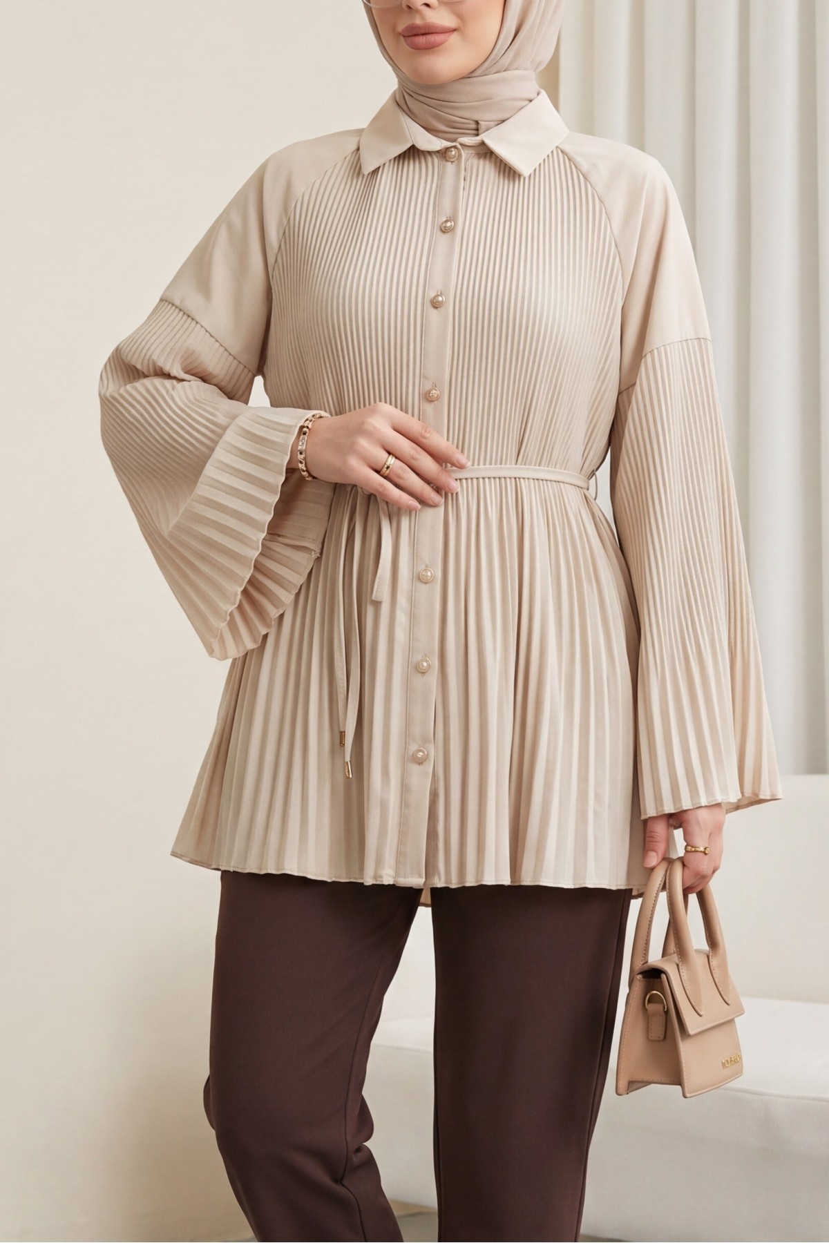 Belted, Rhinestone and Buttoned Pleated Poplin Tunic - Beige