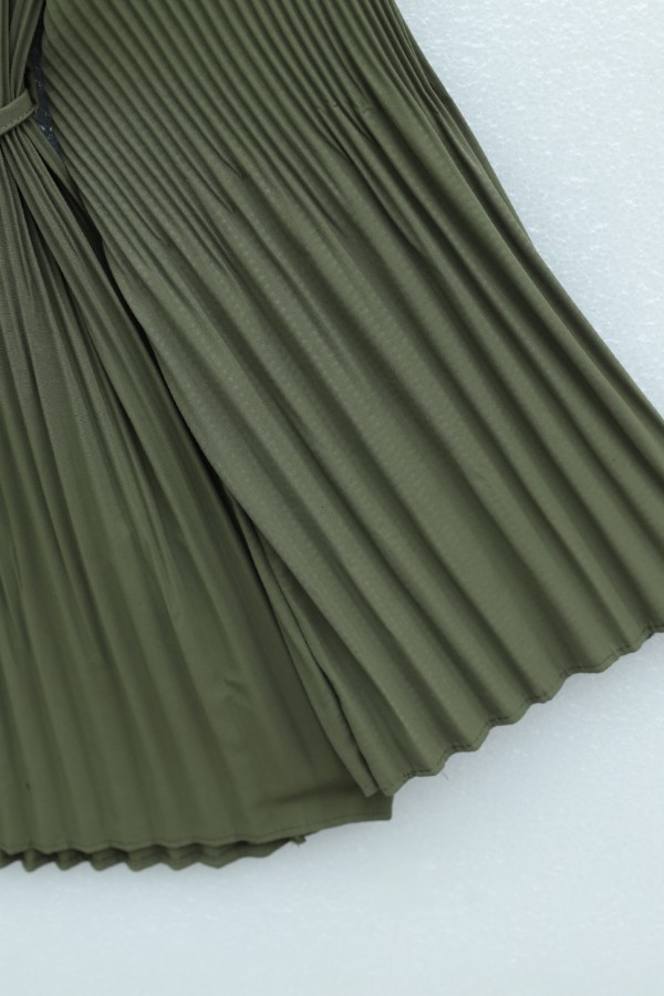 Beli Bağlamalı Taşlı Düğmeli Pliseli Poplin Tunik -Haki