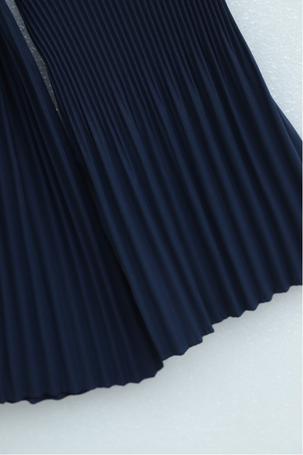 Beli Bağlamalı Taşlı Düğmeli Pliseli Poplin Tunik -Lacivert