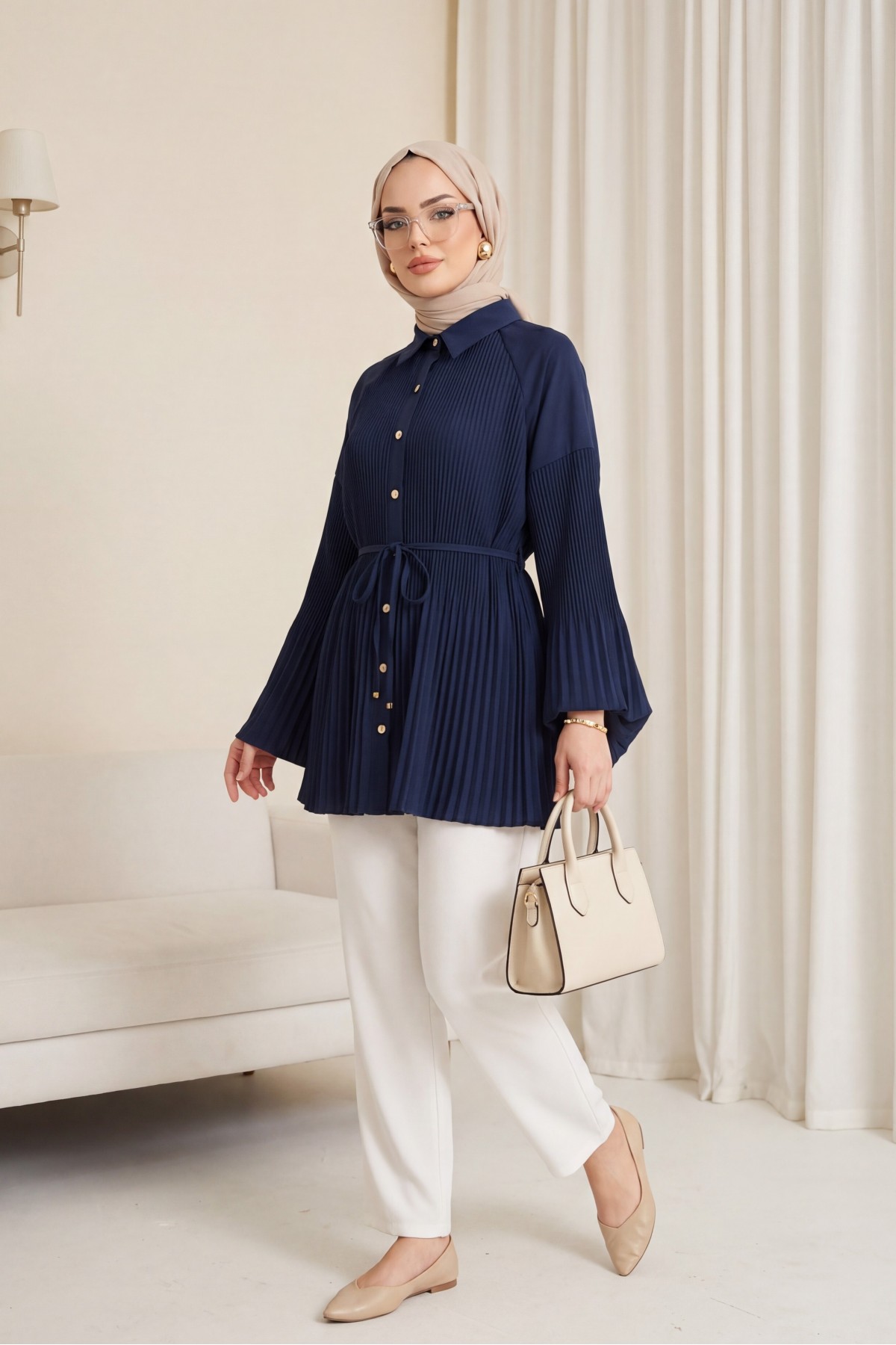 Beli Bağlamalı Taşlı Düğmeli Pliseli Poplin Tunik -Lacivert