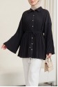 Belted, Rhinestone and Buttoned Pleated Poplin Tunic -Black