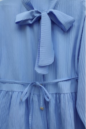 Crepe Set with Lace Trim and Pleated Skirt, Tie Neckline and Waist -Baby Blue