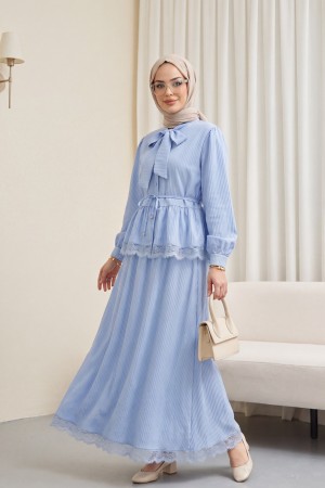 Crepe Set with Lace Trim and Pleated Skirt, Tie Neckline and Waist -Baby Blue