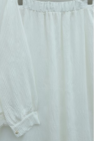 Crepe Set with Lace Trim and Pleated Skirt, Tie Neckline and Waist -Ecru