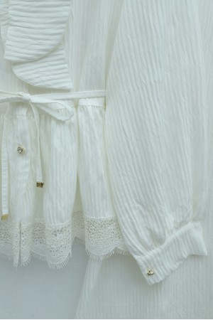 Crepe Set with Lace Trim and Pleated Skirt, Tie Neckline and Waist -Ecru