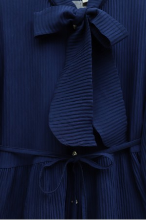 Crepe Set with Lace Trim and Pleated Skirt, Tie Neckline and Waist -Navy blue