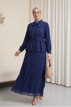 Crepe Set with Lace Trim and Pleated Skirt, Tie Neckline and Waist -Navy blue