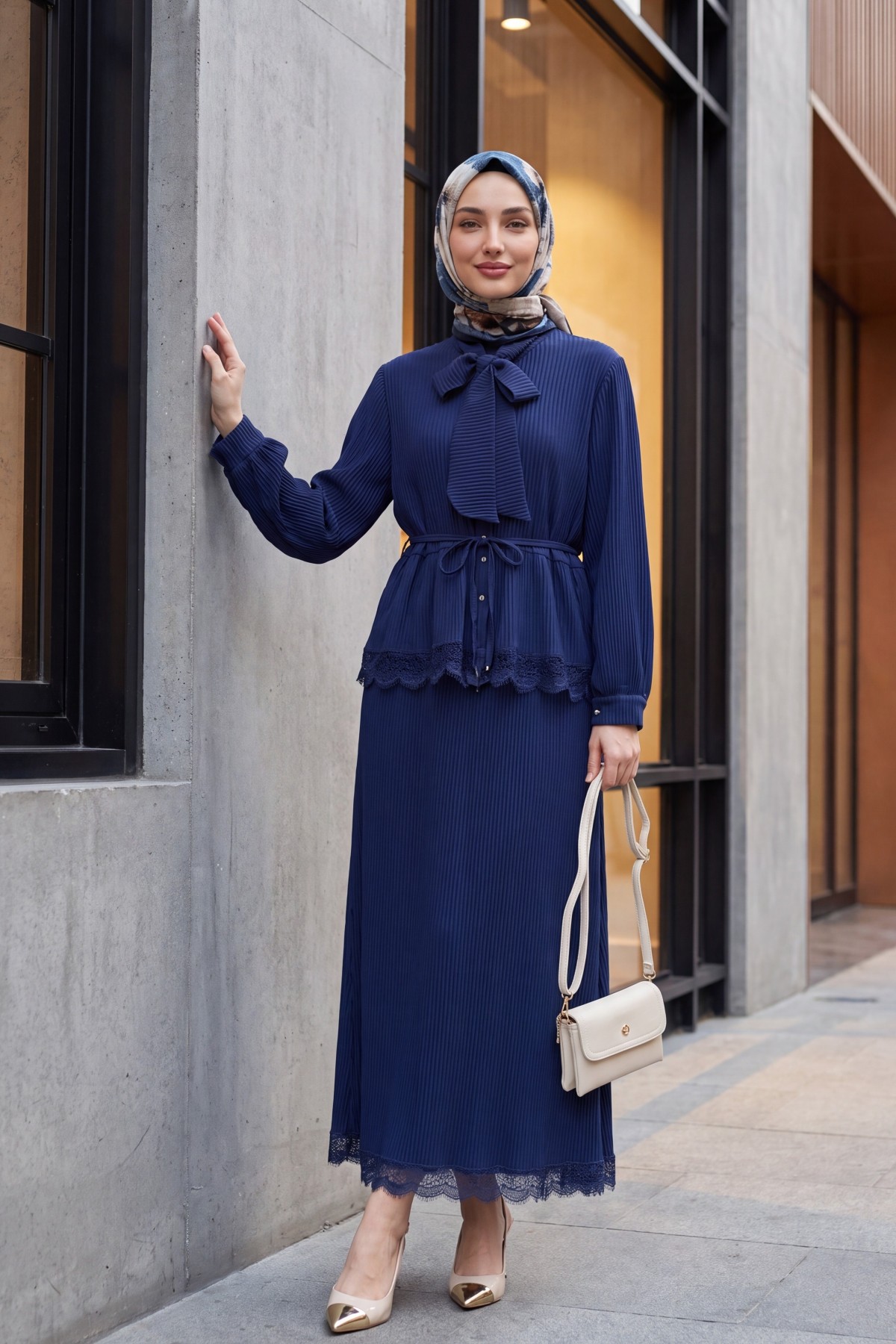 Crepe Set with Lace Trim and Pleated Skirt, Tie Neckline and Waist -Navy blue
