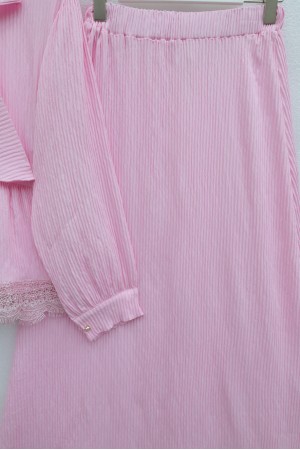 Crepe Set with Lace Trim and Pleated Skirt, Tie Neckline and Waist -Pink