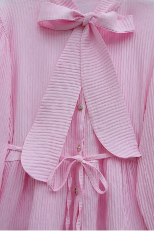 Crepe Set with Lace Trim and Pleated Skirt, Tie Neckline and Waist -Pink