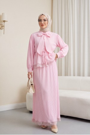 Crepe Set with Lace Trim and Pleated Skirt, Tie Neckline and Waist -Pink