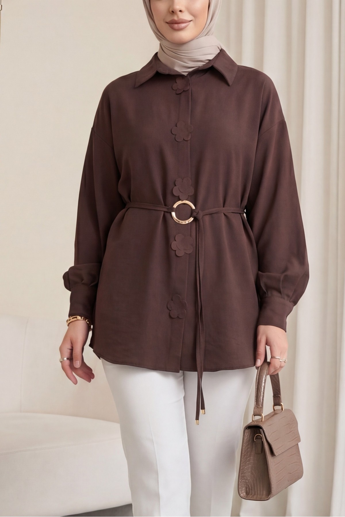 Modal Tunic with Floral Detail and Buckle Belt -Dark Coffee
