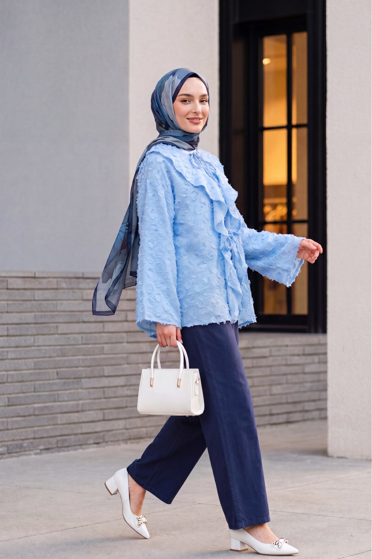 Front-tie ruffled and tasseled Jacquard Kimono -Light blue