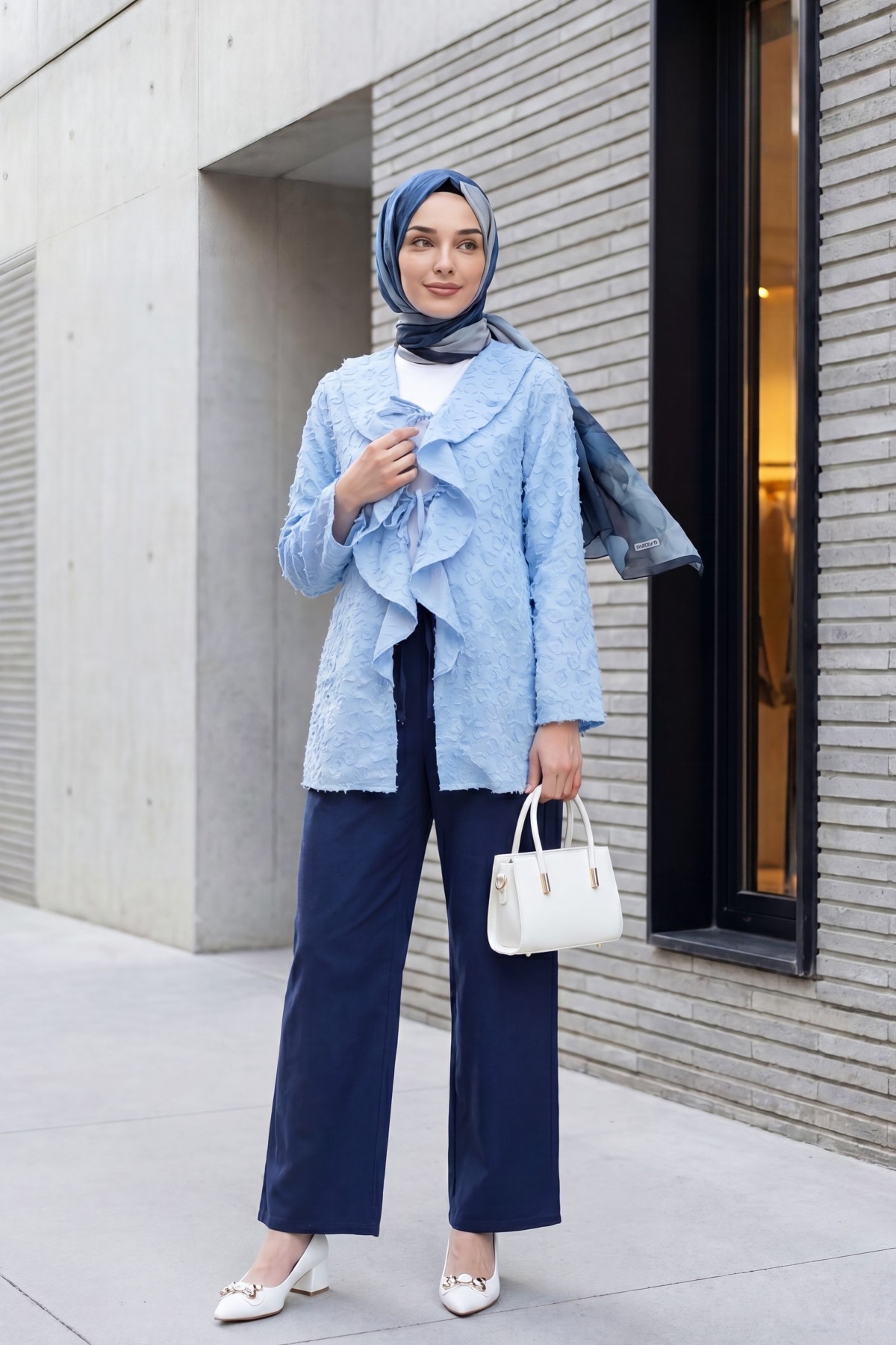 Front-tie ruffled and tasseled Jacquard Kimono -Light blue