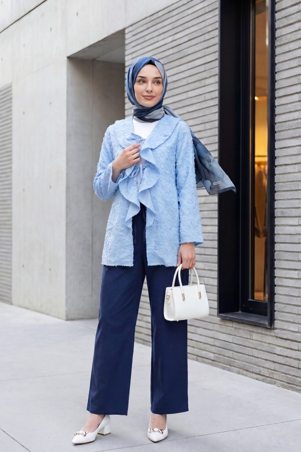 Önü Bağlamalı Fırfırlı Püsküllü Jakar Kimono  -Açık Mavi