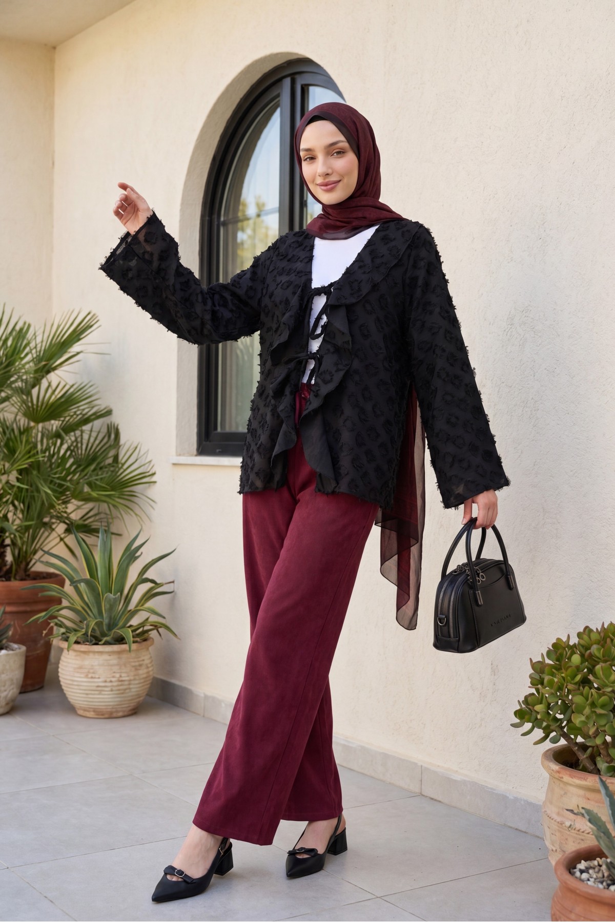 Front-tie ruffled and tasseled Jacquard Kimono -Black