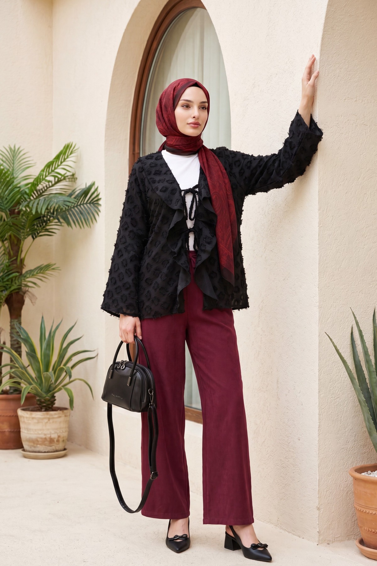 Front-tie ruffled and tasseled Jacquard Kimono -Black