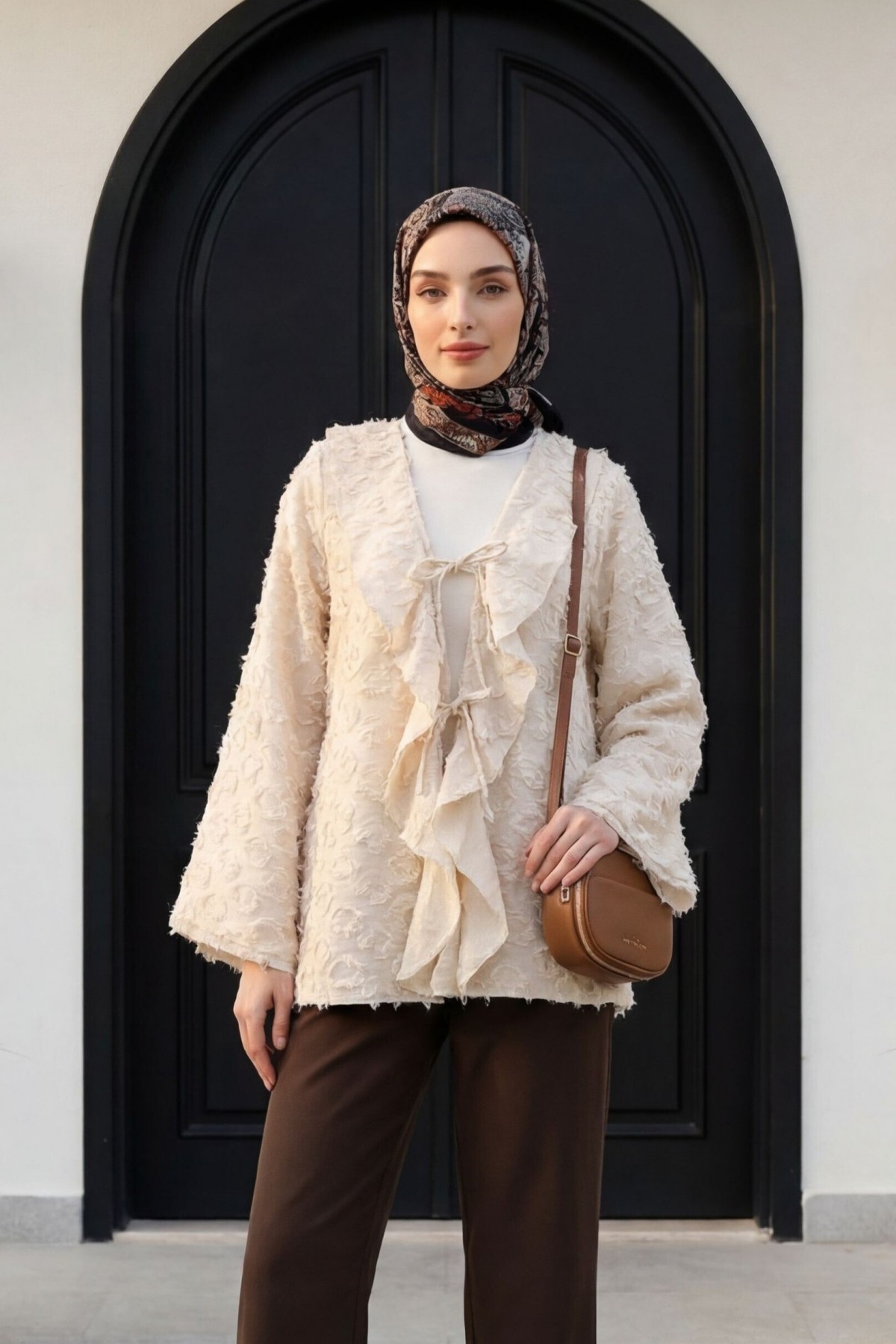 Front-tie ruffled and tasseled Jacquard Kimono -Stone