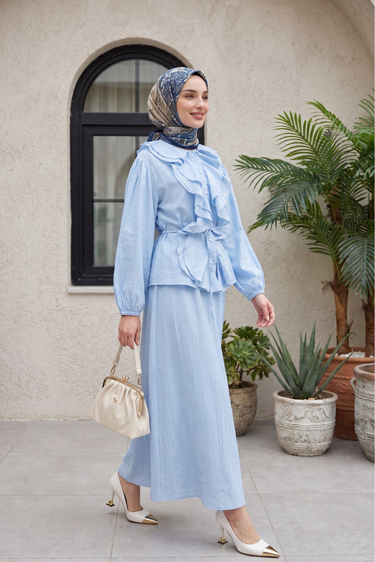 Strawberry Style Skirt Set with Ruffled Front, Elasticated Sleeves, and Belted Waist -Baby Blue