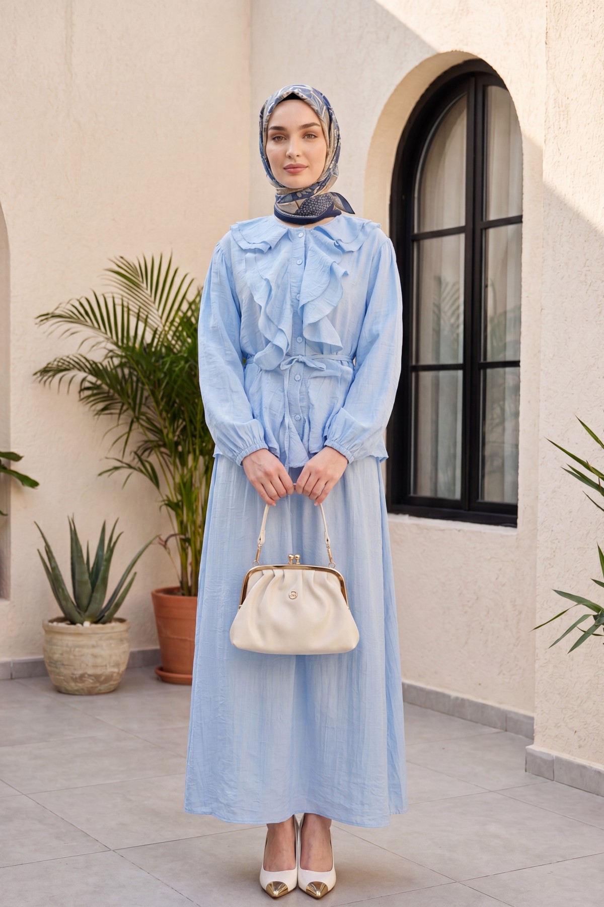 Strawberry Style Skirt Set with Ruffled Front, Elasticated Sleeves, and Belted Waist -Baby Blue
