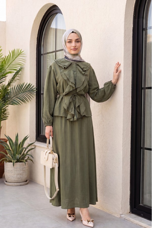 Strawberry Style Skirt Set with Ruffled Front, Elasticated Sleeves, and Belted Waist -Khaki