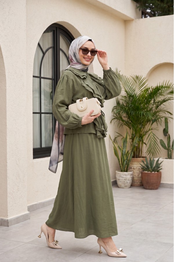 Strawberry Style Skirt Set with Ruffled Front, Elasticated Sleeves, and Belted Waist -Khaki