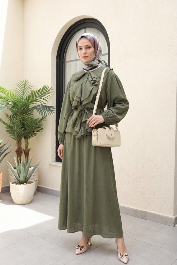 Strawberry Style Skirt Set with Ruffled Front, Elasticated Sleeves, and Belted Waist -Khaki