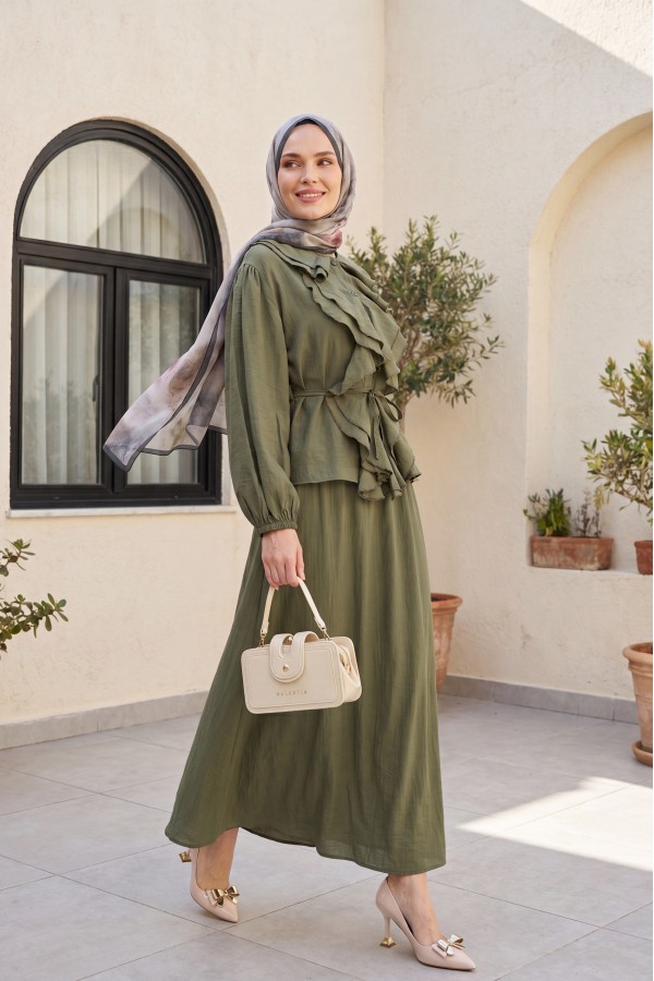 Strawberry Style Skirt Set with Ruffled Front, Elasticated Sleeves, and Belted Waist -Khaki