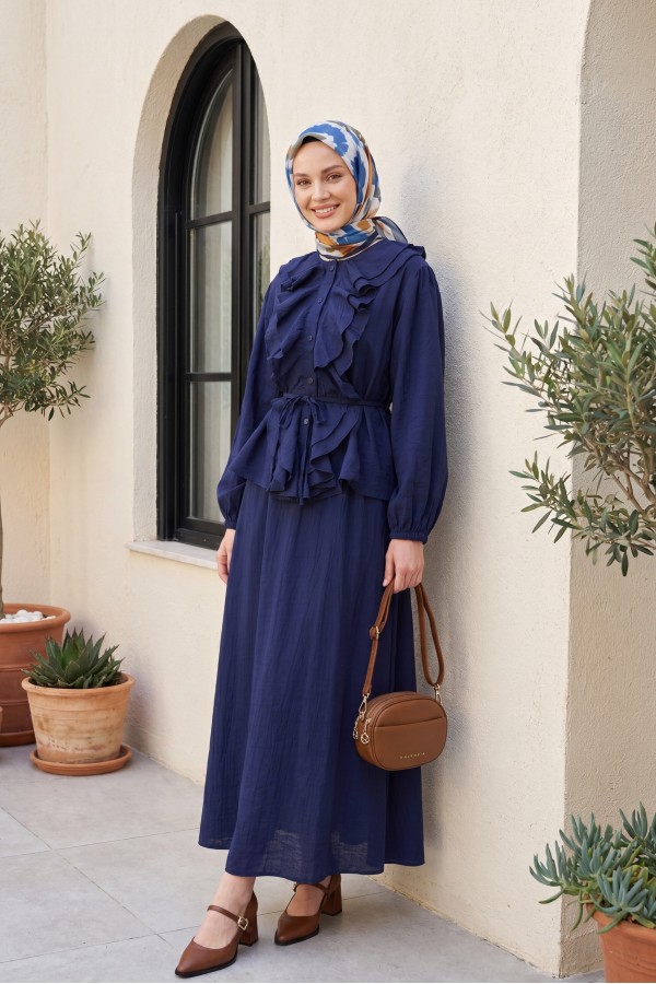 Strawberry Style Skirt Set with Ruffled Front, Elasticated Sleeves, and Belted Waist -dark lacquer