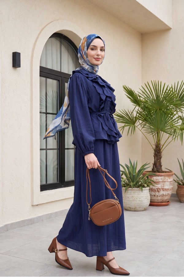 Strawberry Style Skirt Set with Ruffled Front, Elasticated Sleeves, and Belted Waist -dark lacquer