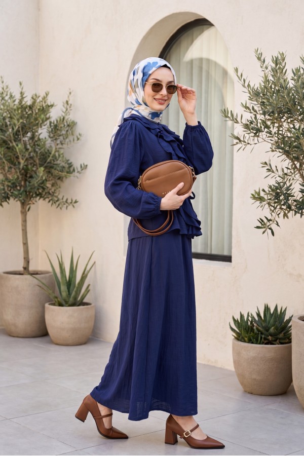 Strawberry Style Skirt Set with Ruffled Front, Elasticated Sleeves, and Belted Waist -dark lacquer