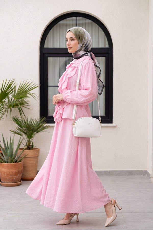 Strawberry Style Skirt Set with Ruffled Front, Elasticated Sleeves, and Belted Waist -Pink