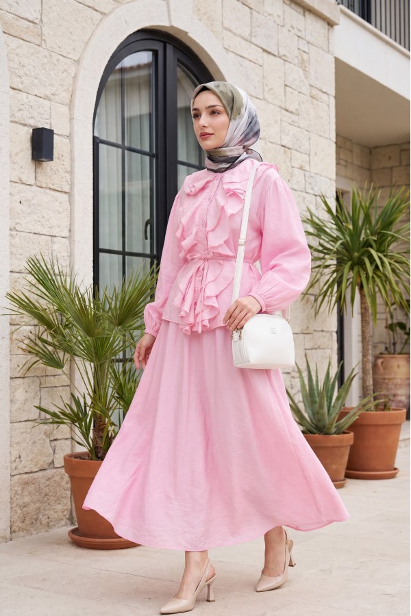 Strawberry Style Skirt Set with Ruffled Front, Elasticated Sleeves, and Belted Waist -Pink