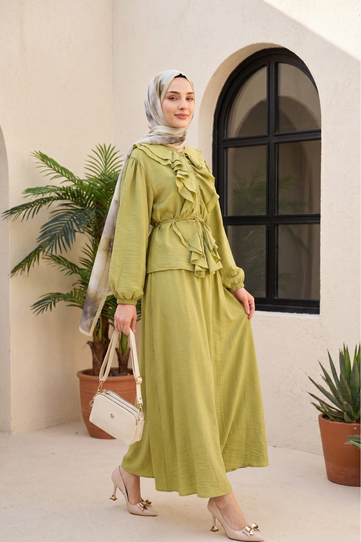 Strawberry Style Skirt Set with Ruffled Front, Elasticated Sleeves, and Belted Waist -Oil Green
